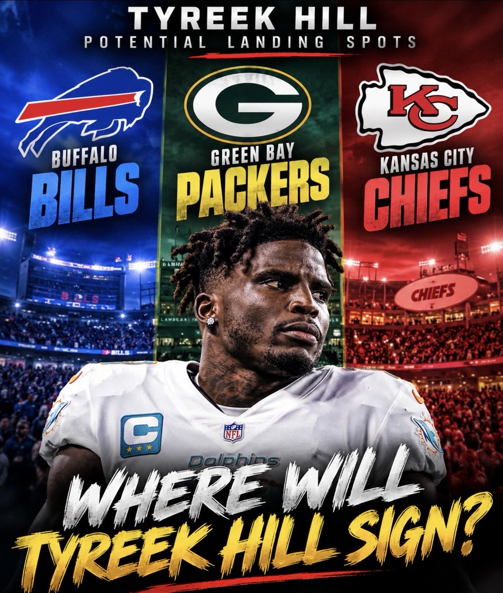 JackFletcherNFL's tweet photo. 🚨 TYREEK HILL WATCH 👀

Three teams are emerging as potential landing spots for Tyreek Hill:

🔵 Buffalo Bills
🟢 Green Bay Packers
🔴 Kansas City Chiefs

A reunion with Patrick Mahomes?
Josh Allen finally gets his game-breaking WR?
Or does Green Bay make another MASSIVE move?

Where do you think Tyreek ends up? 👀

#NFL #ChiefsKingdom #BillsMafia #GoPackGo