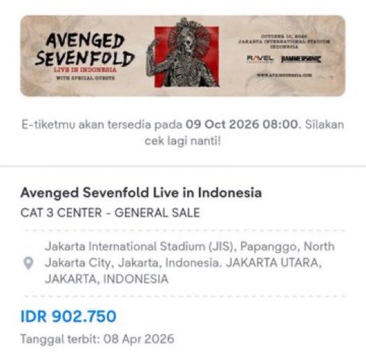 fzacuy's tweet photo. WTS tiket Avenged Sevenfold A7X - Jakarta Internasional Stadium (JIS)

Cat 2 Center (2 Tix) 750k/Tix
Cat 3 Center (3 Tix) 450k/Tix

dm yaaa
diurus sampe fisik

#zonauang #zonajajan https://t.co/HKPmr9D06V