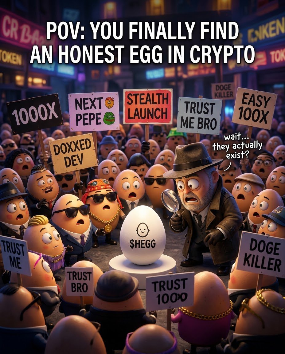 OTechDynasty's tweet photo. CT after buying a coin at $2k MC:

“Bro I can already see the vision.”

CT 3 hours later:

“Who is the dev?”
“Is liquidity locked?”
“Why did he sell?”
“Why is the website down?”

Meanwhile $HEGG:

🥚
“I'm just here to be honest.” https://t.co/sNTDQ8RCmd