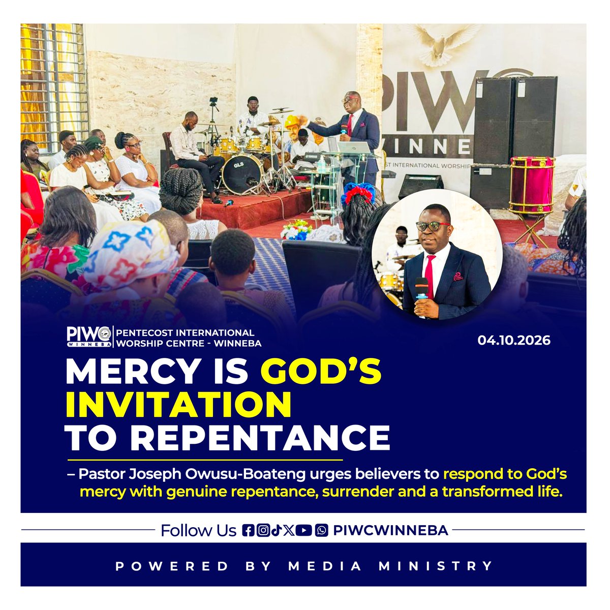 piwc_w's tweet photo. Pastor Joseph Owusu-Boateng reminded believers that God’s mercy withholds deserved judgment, offers refuge and restoration, and ultimately calls the recipient to genuine repentance and a transformed life… read more: https://t.co/P82qfH9vSH

| #PossessingTheNations | #PIWCWinneba | #CommunionService |
➖➖➖➖➖➖
> Powered By:
> Media Ministry