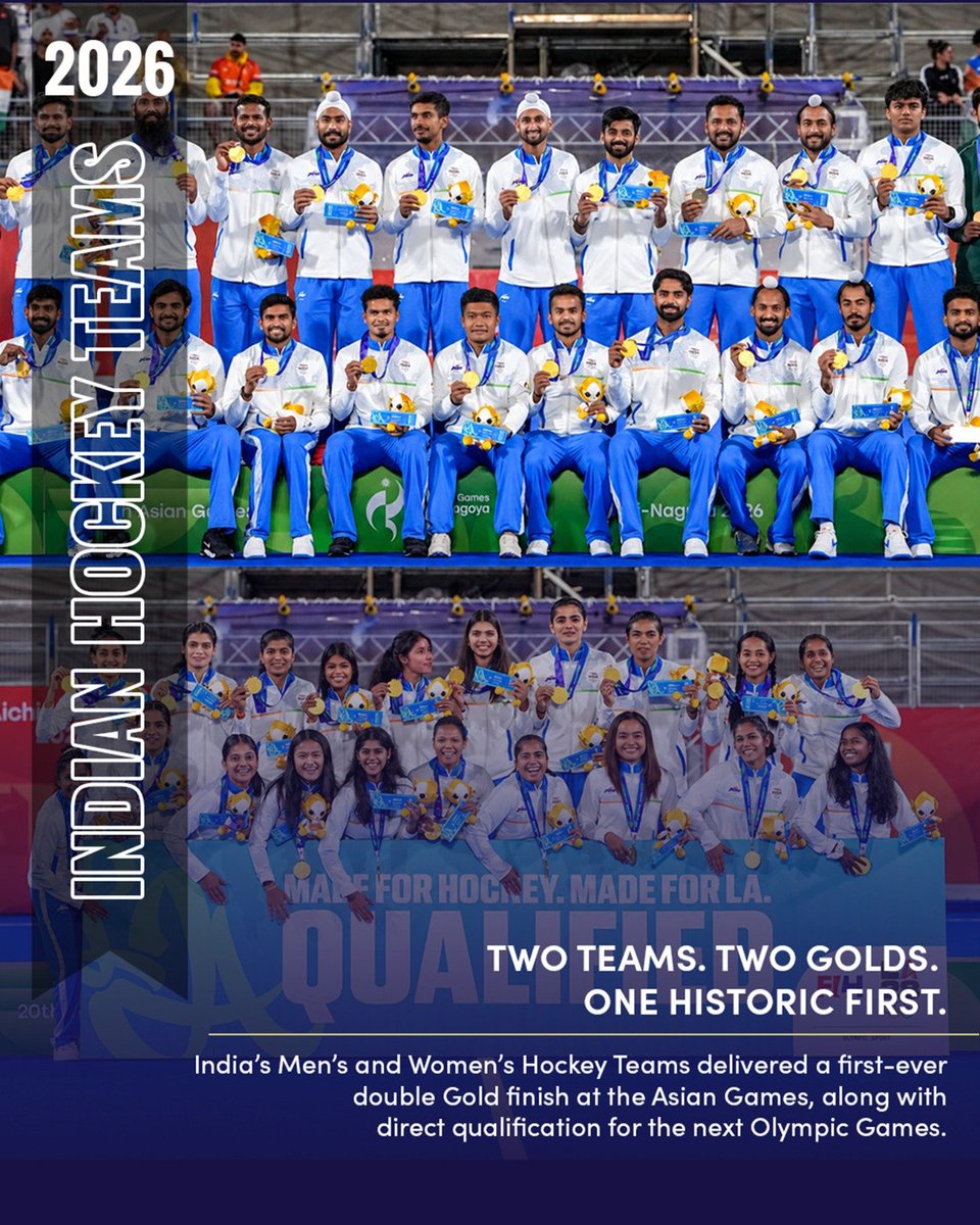 AgriGoI's tweet photo. TWO TEAMS. TWO GOLDS. ONE MASSIVE FIRST. 🏑🥇🥇
India’s Men’s &amp; Women’s Hockey Teams made history with the country’s first-ever Asian Games double Gold, along with direct Olympic qualification! 🇮🇳🔥

 #BharatSetsNewRecords #AgriGoI https://t.co/WsHs1gf176
