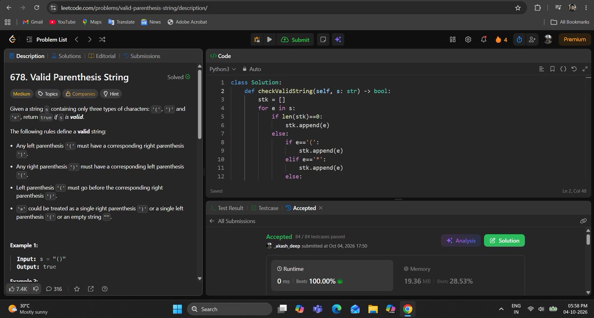 _deep_star's tweet photo. Hello All, I completed #Day1006 of #365DaysofCode Challenge with @scaler_official
Question: Valid Parenthesis String
discord link: https://t.co/8JQpNSUK1v
#letsconnect #potd #scalerdiscordcommunity #codewithscaler #365daysofcodescaler #365DaysofCode https://t.co/1KSpvjhVvE