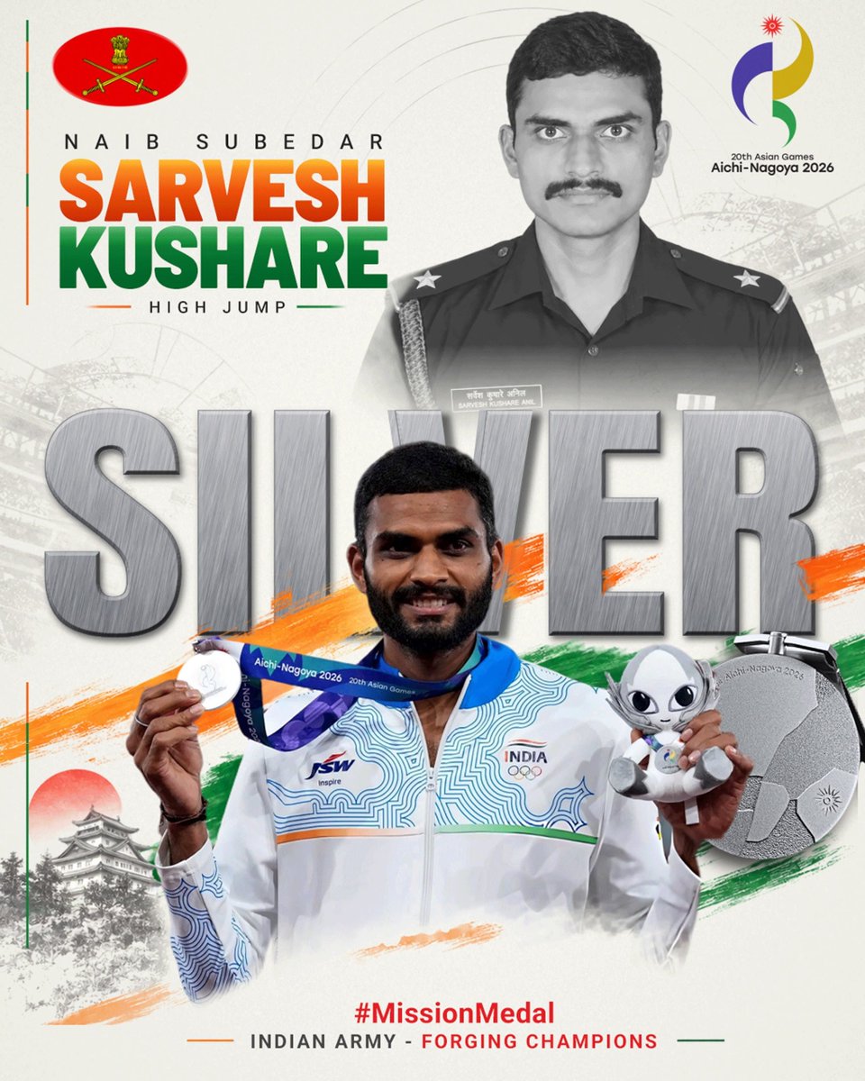 adgpi's tweet photo. JAI SE VIJAY - VIJAY SE VIJETA

From the battlefield to the sports field, Indian Army Yodhas continue to make the nation proud. 

#GeneralDhirajSeth, #COAS and all ranks of the Indian Army congratulate Naib Subedar Sarvesh Kushare on his winning performance at the 20th Asian Games, Aichi-Nagoya 2026 and bringing glory to the Tricolour.

Indian Army-Forging Champions 🇮🇳

#MissionMedal
#MOW
#MissionOlympicsWing
@DefenceMinIndia
@SpokespersonMoD
@IA_SportsAdvntr
@YASMinistry
@Media_SAI