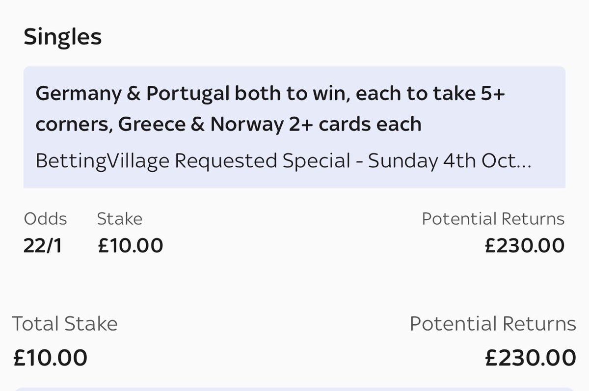 bettingvillage's tweet photo. 🚨 Updated link

22/1 Skybet Nations League Sunday Boost 🤞🏼

Load to your slip...

Here 👉🏼 https://t.co/WX69Jdbtxl

🇩🇪 Germany &amp; Portugal 🇵🇹 both to win and take 5 or more corners each

🇬🇷 Greece &amp; Norway 🇳🇴 to get 2 or more cards

18+ https://t.co/viOHzwysbp #AD T&amp;Cs apply https://t.co/Z6OkO99oLG