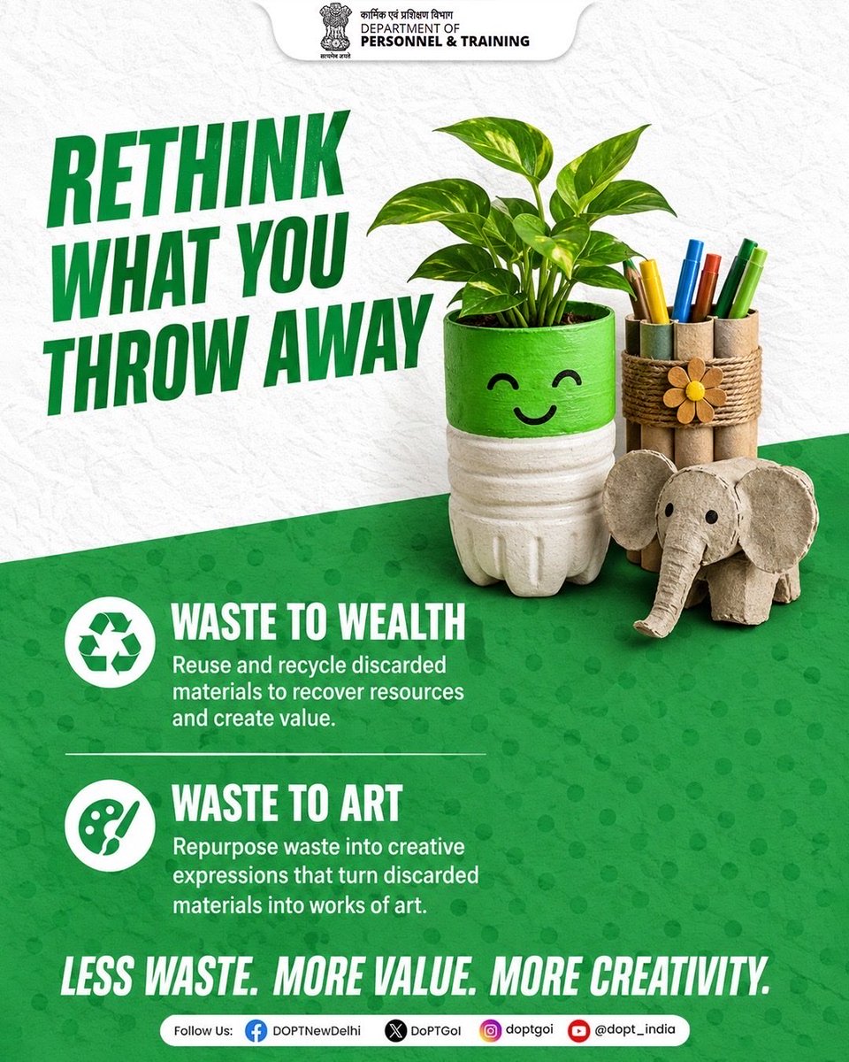 DoPTGoI's tweet photo. Waste can be more than something we throw away—it can be a resource for change.

Through Waste to Wealth and Waste to Art, discarded materials can be reused, recycled and transformed into something useful and meaningful.

Let us rethink what we throw away and embrace responsible resource management.

Less Waste. More Value. More Creativity.

#SpecialCampaign6 #SHS2026 #SwachhataHiSeva2026 #WasteToWealth #WasteToArt