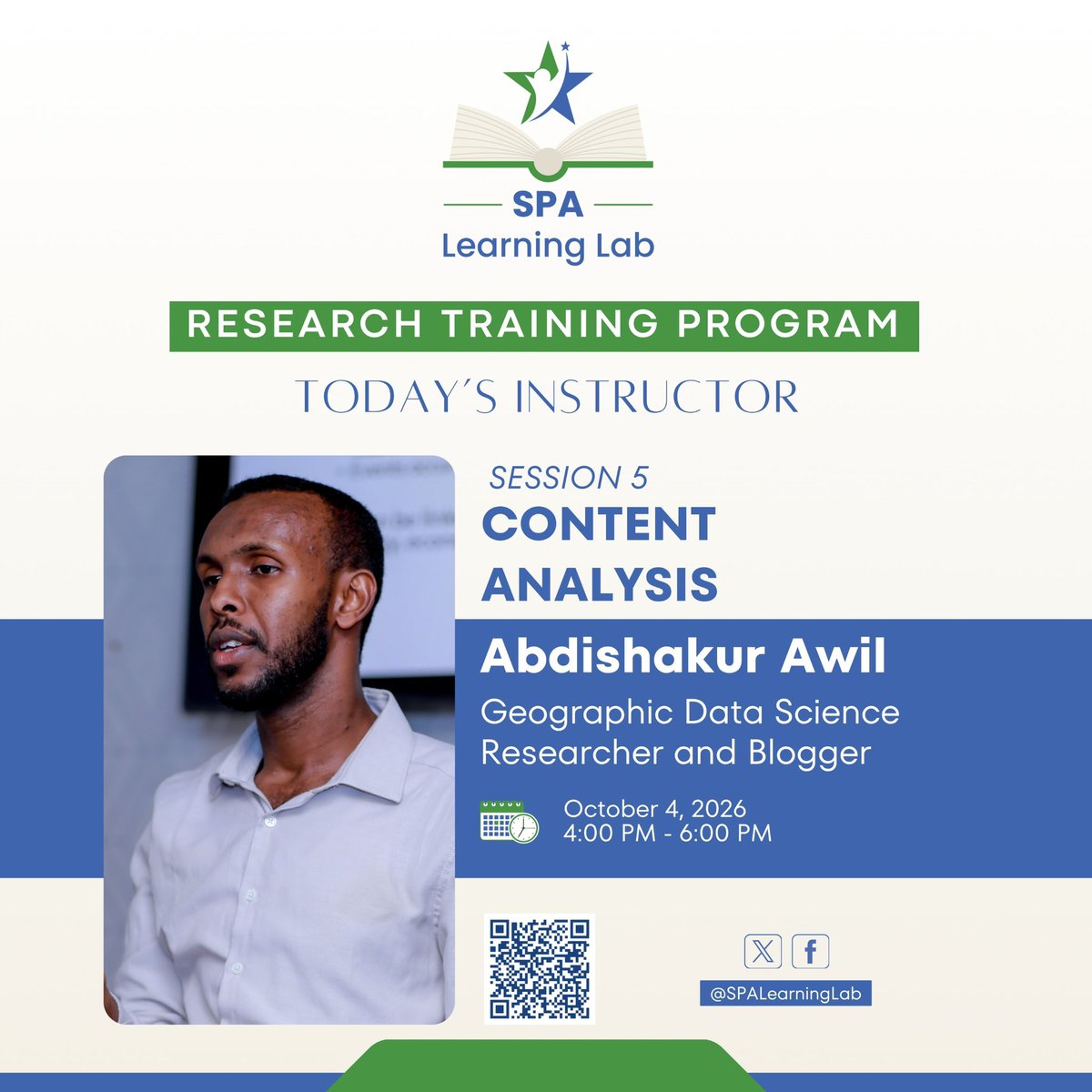 SPALearningLab's tweet photo. Waxa inoo billowday toddobaadka 3aad ee tababarka cilmibaarista. Maanta waxaa casharka bixin doona ustaad Cabdishakuur Cawil oo ka mid ah cilmibaarayaasha wax ka dhigaya koorsadan. 

 #SPALearningLab #ResearchTraining https://t.co/AsXgaNul46