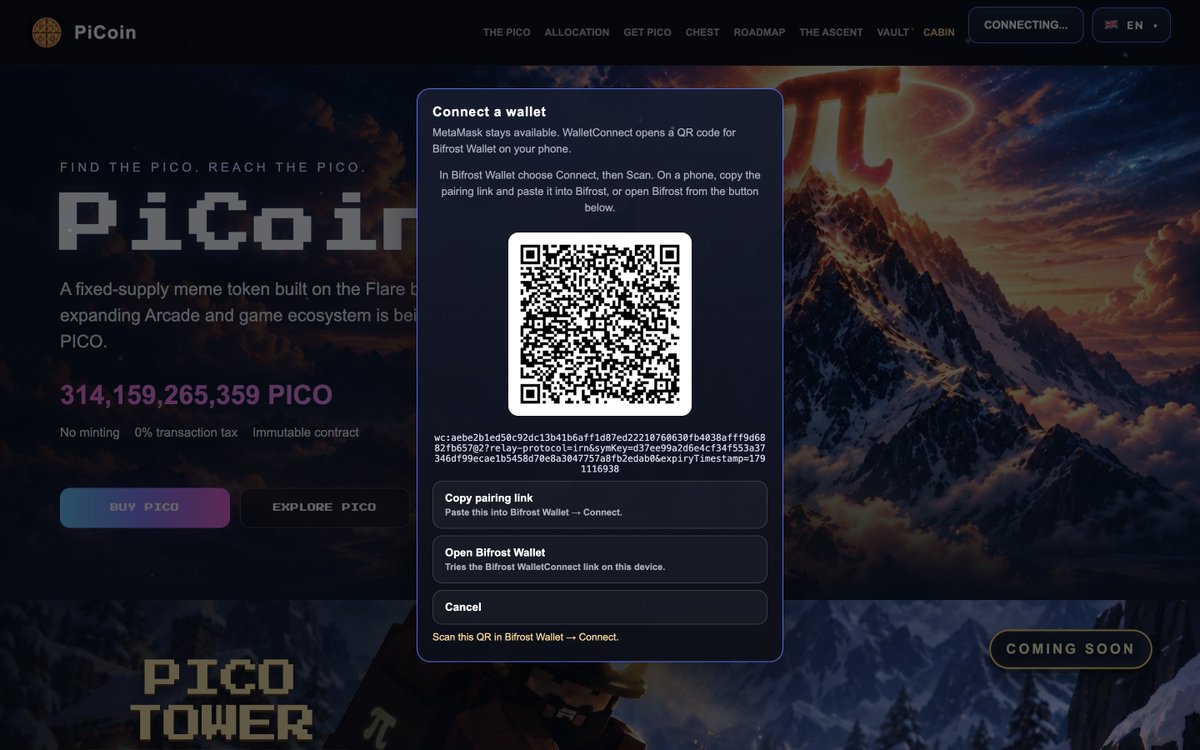 PicoFLR's tweet photo. You spoke, we listened.

WalletConnect is now live across PICO, with QR support for Bifrost Wallet users.

Connect once and your wallet connection travels with you across the PICO website.

We take community feedback seriously and move quickly to improve the experience for our users.

Thanks for the suggestion, @CyberCat444.

Find the PICO. Reach the PICO.
https://t.co/G1FUmnH2Ku