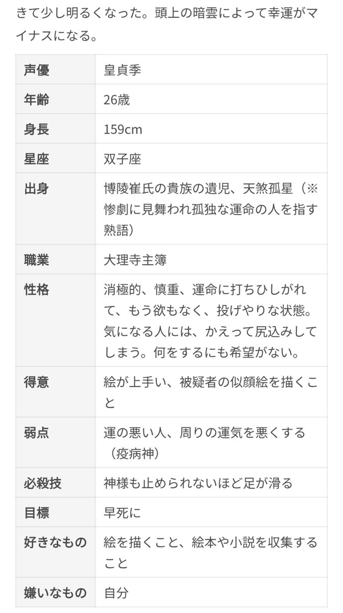 gakatomujo's tweet photo. 画家とコラボしたこのキャラ気になりすぎて大理寺日誌調べてみたらこれ
身長低い←可愛い
26歳←可愛い
不運←可愛い
好きです。日本語版のアニメとかあったりませんか https://t.co/huEpKWOCzw