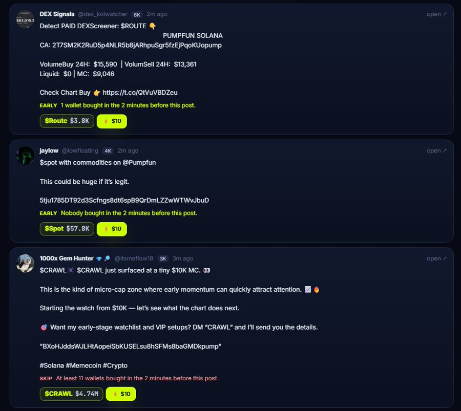 SATforSOL's tweet photo. Our Agent is becoming smarter:

When a post names a token, SAT now reads the two minutes before it. The line under the post says who was already in, whether they bought in the same block, and whether that money is already leaving. If the answer is bad, the verdict is Skip and the card turns red. The buy button stays, so the choice is still yours.

Open X Monitor and it is on the latest posts. The next new tweet also gets it as the popup in the middle of the screen.