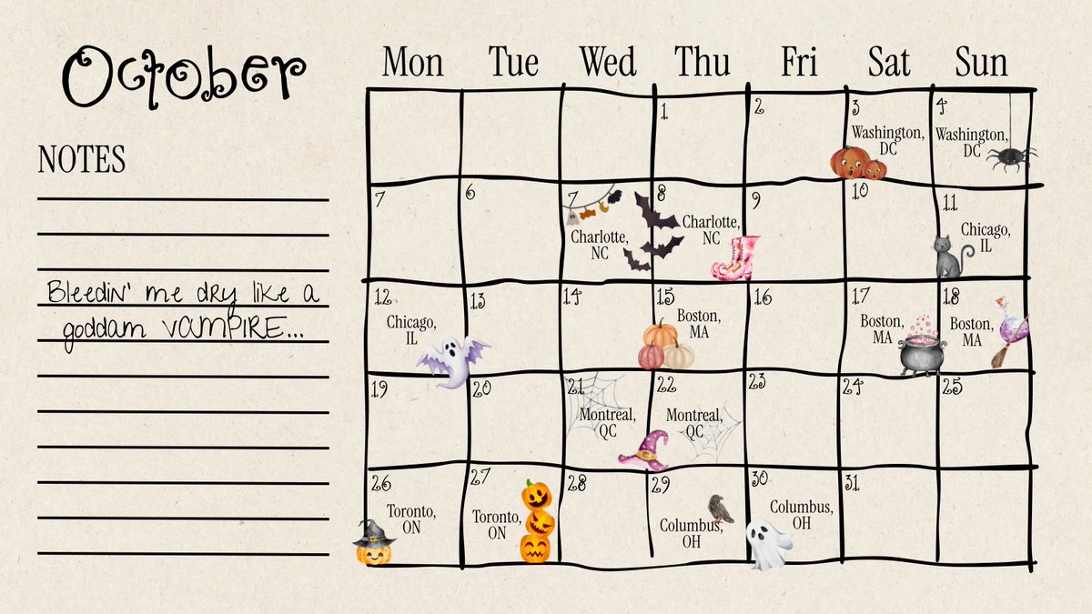 DailyRodrigo's tweet photo. What is more terrifying, Halloween season or the possibility of Olivia changing the setlist for your show? 🎃 We're not sure, but what we're sure about is that we're late and that this month's agenda is packed.

— Here is October's calendar. Buckle up and see you guys on the road! Keep our notifications on so you don’t miss anything: