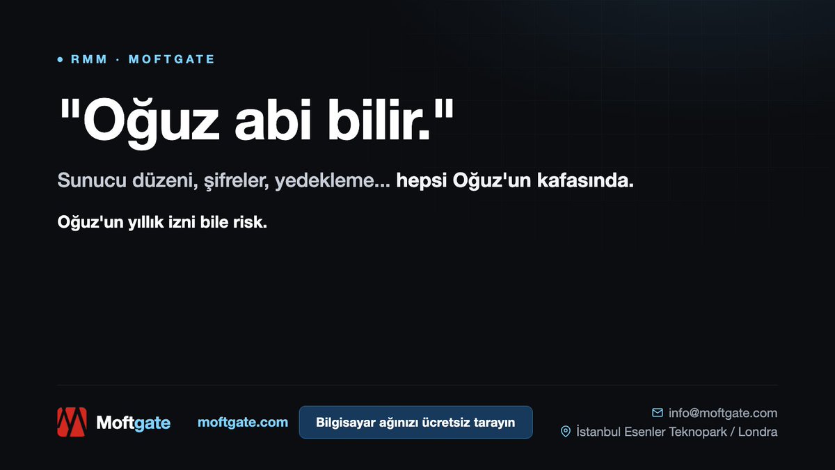 paramientos's tweet photo. İşten çıkan IT personeli şifreleri, envanteri, her şeyi kafasında götürdü mü? 
Kurumsal bilgi tek kişide kalmamalı.

Moftgate ile envanter, patch, otomasyon kayıtları platformda durur. Kişi değil, sistem.