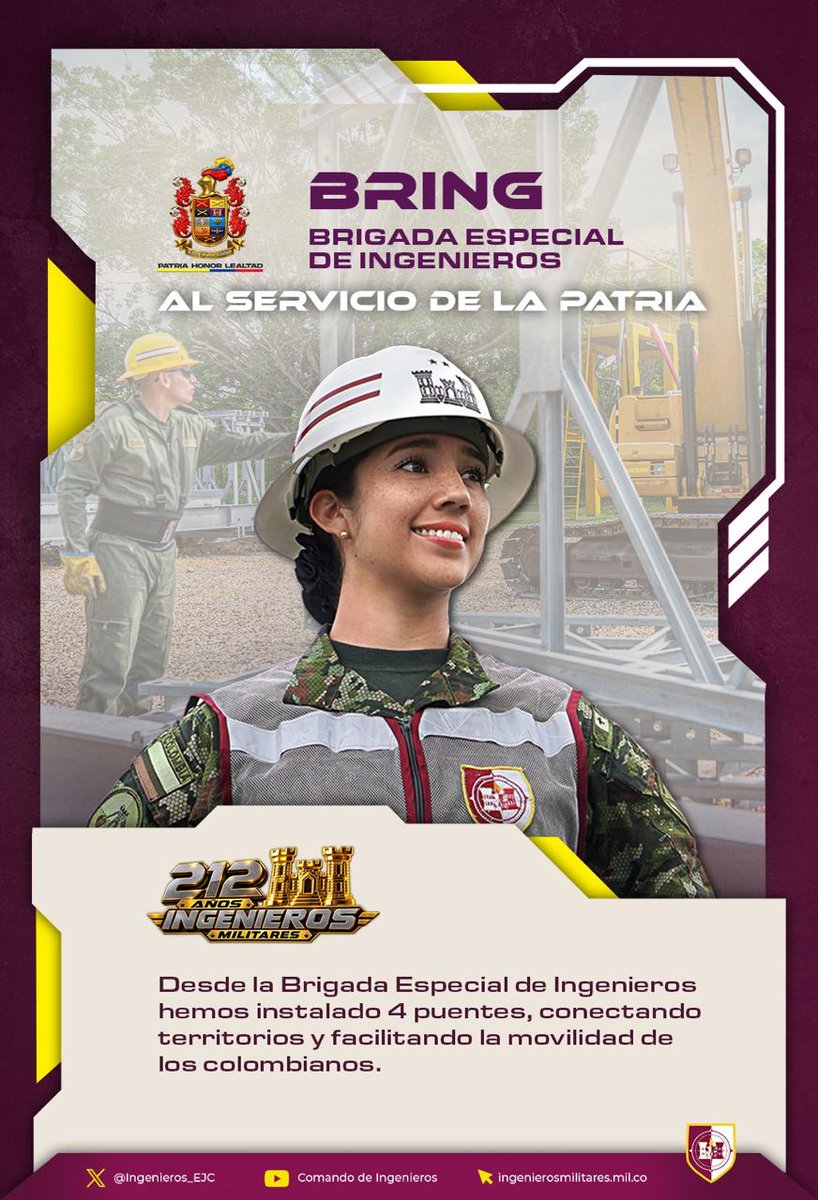 Ingenieros_EJC's tweet photo. BRING I Este año, nuestros #IngenierosMilitares instalaron 4 puentes, estructuras que representan esfuerzo y precisión, que integra territorios y fortalece los vínculos que nos unen como colombianos.

Detrás de cada puente hay comunidades que recuperan su movilidad, familias que pueden transitar con mayor facilidad, territorios que vuelven a conectarse y oportunidades que encuentran nuevamente un camino para llegar.

#212AñosAlServicioDeLaPatria