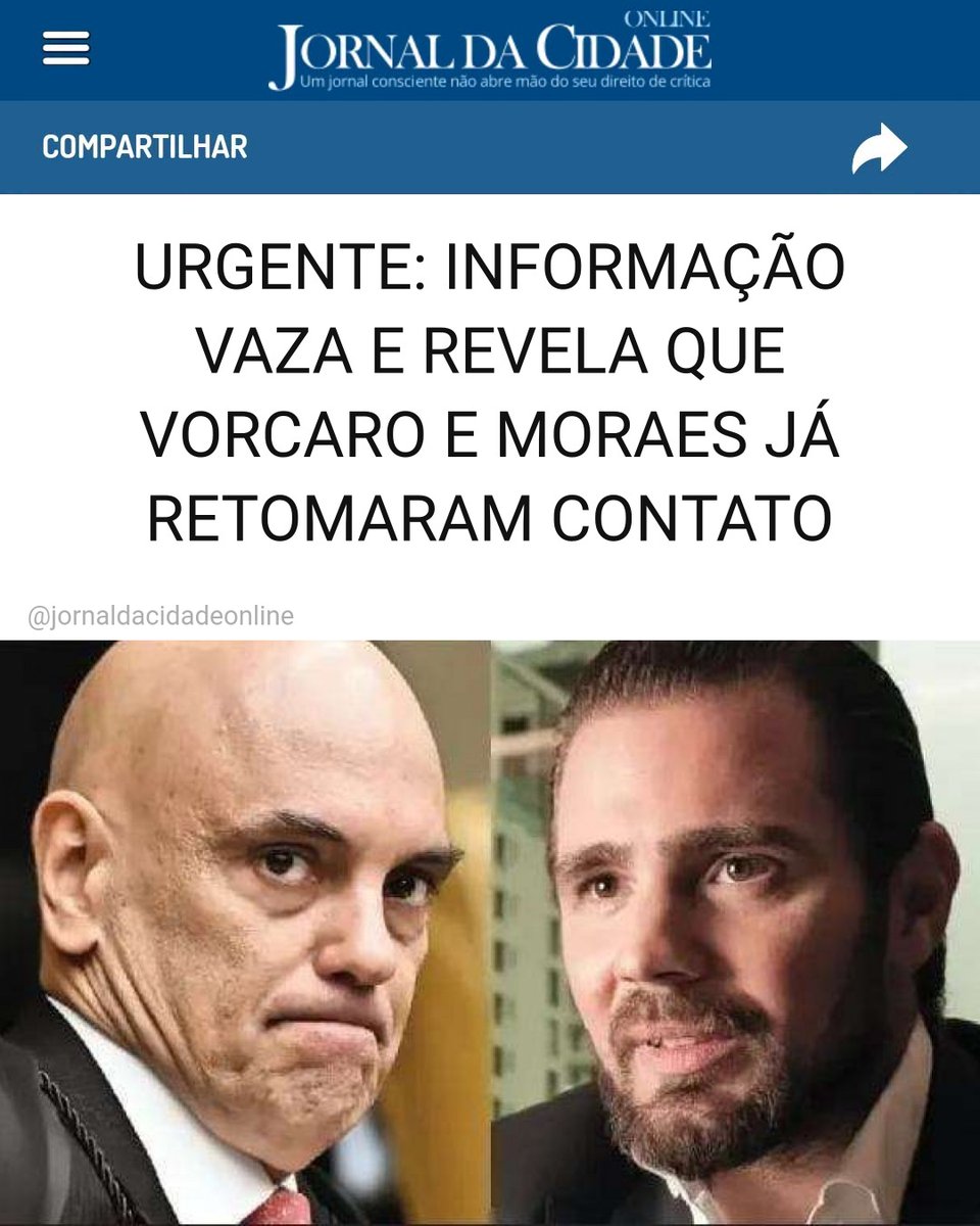 JornalDaCidadeO's tweet photo. URGENTE: INFORMAÇÃO VAZA E REVELA QUE VORCARO E MORAES JÁ RETOMARAM CONTATO

O colunista Lauro Jardim acaba de soltar uma bomba.

Eis o que ele diz:

Por meio de canais tão discretos quanto a situação exige, foi restabelecido o contato entre Daniel Vorcaro e Alexandre de Moraes.

Matéria do Jornal da Cidade Online