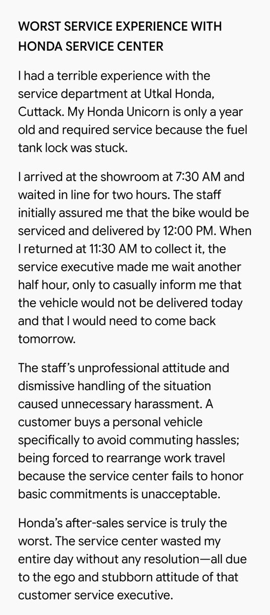 Udit_odisha's tweet photo. @honda2wheelerin PLEASE Don't buy HONDA 2 wheelers, WORST AFTER SALES SERVICES BY UTKAL HONDA, CUTTACK, ODISHA.Waited hours for a minor fuel lock issue on my 1yr old Unicorn,promised delivery by noon, only to be refused at the last minute due to an executive's ego.
@honda2wheelerin https://t.co/rQt4zzoSan