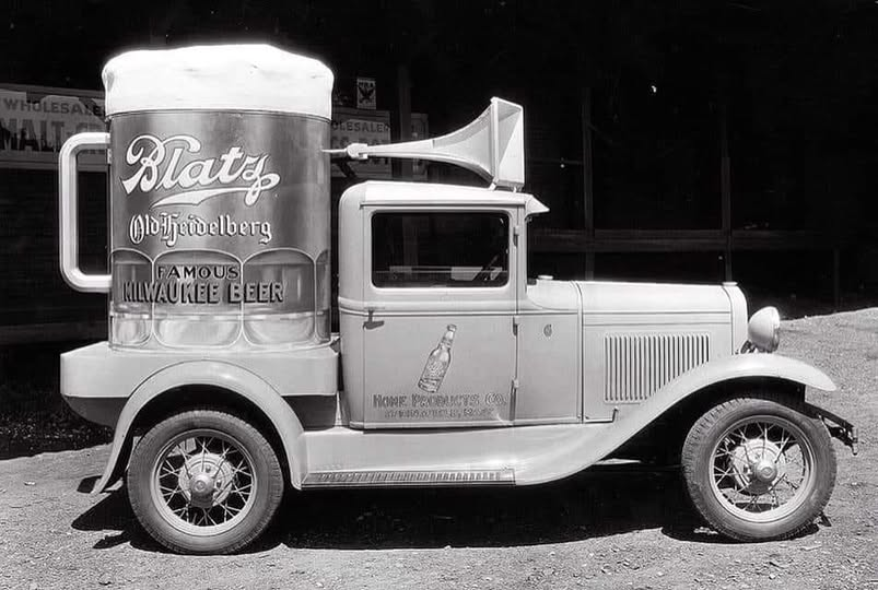 iowahawkblog's tweet photo. Wilkommen Freunde to Dave's Car ID Service Oktoberfest Beer Truck Special! 

Cue the oompah music and roll out the barrel, because we're going to toast some dandy sudsmobiles today. To wet your whistle: Happy Repeal! Not really a beer hauler here, but a 1932-34 Ford B truck modified as a mobile advertisement to announce Prohibition is over and it's time to buy a Blatz Old Heidelberg again. Note the loudspeaker; you can almost hear it pumping out "Happy Days Are Here Again."
