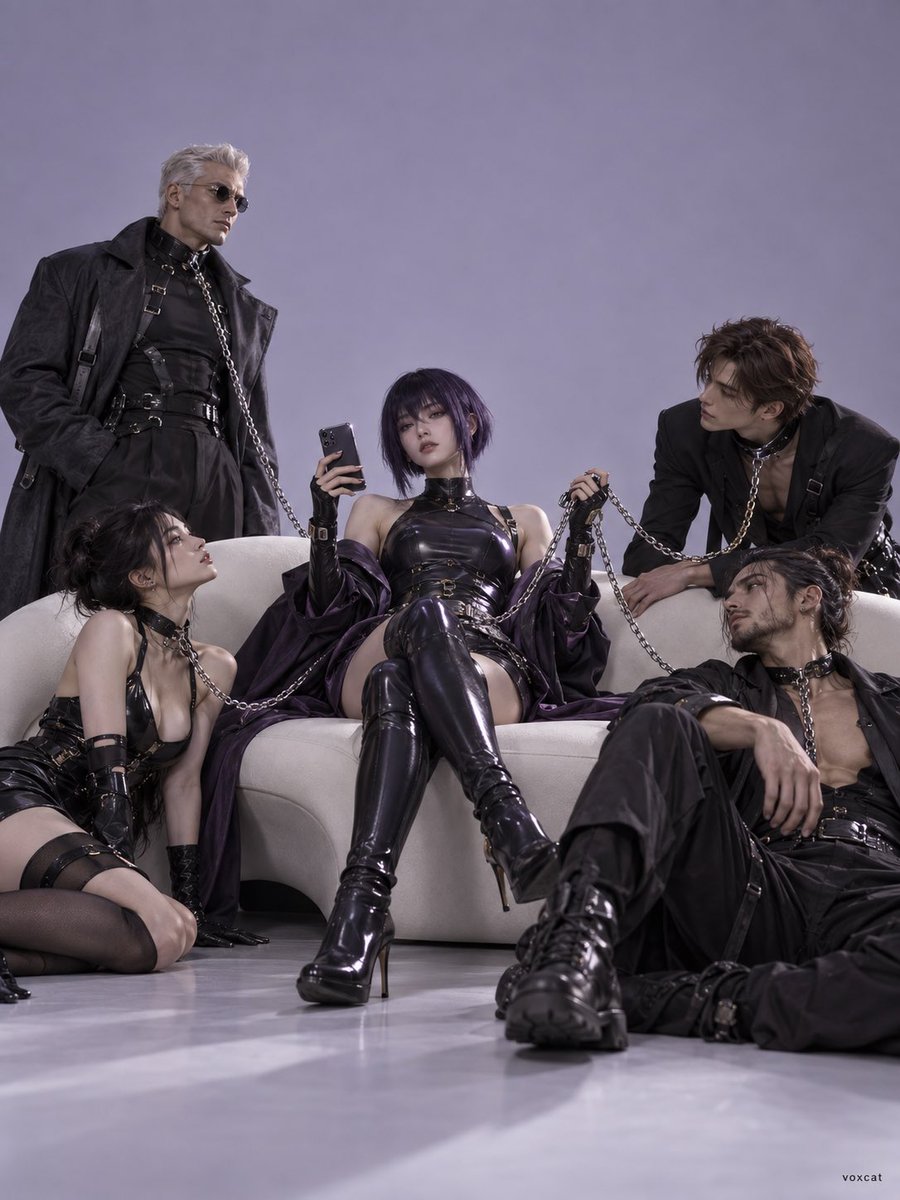 VoxcatAI's tweet photo. 把主角色放到沙发中央，让手机、金属链和周围卫星式群像一起构成一张极简又锋利的权力关系时装封面。

完整提示词👇

【角色 / 主角色】，极简时尚封面 × editorial 群像 × 独立艺术企划主视觉 × 高级时装摄影 × 纯色摄影棚 × 大面积留白。

主角色成年，坐在极简现代沙发中央，绝对视觉中心，松弛、冷淡、自信、支配感。保留角色核心身份：发型、发色、眼睛主色、脸部特征、角色主色、服装轮廓、标志配饰、气质。角色真人化 / 高级时装化，不做普通 cosplay。

主角色一手拿手机，一手握数条银色或枪灰色金属链。链条从主角色手中向外延伸，分别连接周围 3–5 位成年角色，形成明确中心控制关系。链条自然垂坠、清晰可见、时尚道具感、象征性约束，不表现暴力与受伤。

其他角色围绕沙发分布：站立、坐地、半跪、倚靠沙发、被轻微牵引、向主角色靠拢。每人姿态、朝向、表情、视线不同，不并排，不做普通合影。主角色是中心，其他角色形成卫星式群像。

构图：
central seated figure × surrounding ensemble × symbolic chain connection × asymmetrical composition × large negative space × foreground-midground-background layering。

人物集中画面中下部，上方大留白。中景到全身，完整看见沙发、主角色、手机、链条走向与周围角色关系。轻微低机位或平视偏低，不做夸张透视。

背景：
极简纯色棚拍背景，根据主角色主色自动匹配高反差或高级协调色。无复杂场景，无杂物。沙发为唯一主要家具，简洁、现代、雕塑感。

光线：
clean studio hard light × semi-hard light × clear facial structure × sharp fabric texture × metallic chain highlights × natural skin texture。

表情：
冷淡、漫不经心、傲慢、安静、轻蔑、平静掌控感。主角色可低头看镜头、看手机、随手握链。其他角色表现注视、等待、依附、被牵引、错开视线。

色彩：
limited palette × clean color blocking × high contrast × black / white / red / cream / metallic silver，或根据角色自动匹配。

整体：
minimalist fashion cover × editorial portrait × independent art campaign × cold glamour × power relationship × group tension × clean studio × high-concept character poster。

右下角仅极小“voxcat”签名，不出现其他文字。