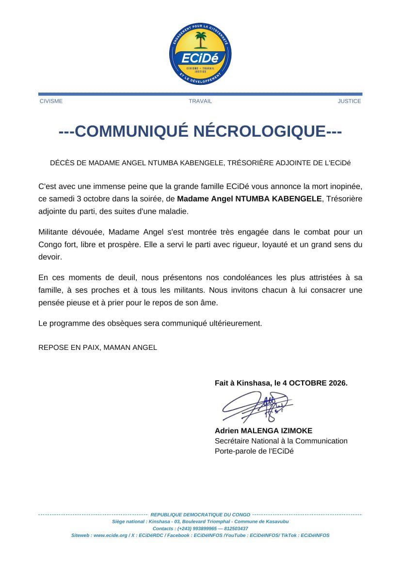 JohnnyKanzenga's tweet photo. ✝️COMMUNIQUÉ NÉCROLOGIQUE. 

L'ECiDé annonce le décès de sa trésorière adjointe Madame Angel NTUMBA KABENGELE. https://t.co/v81QbDCg3w