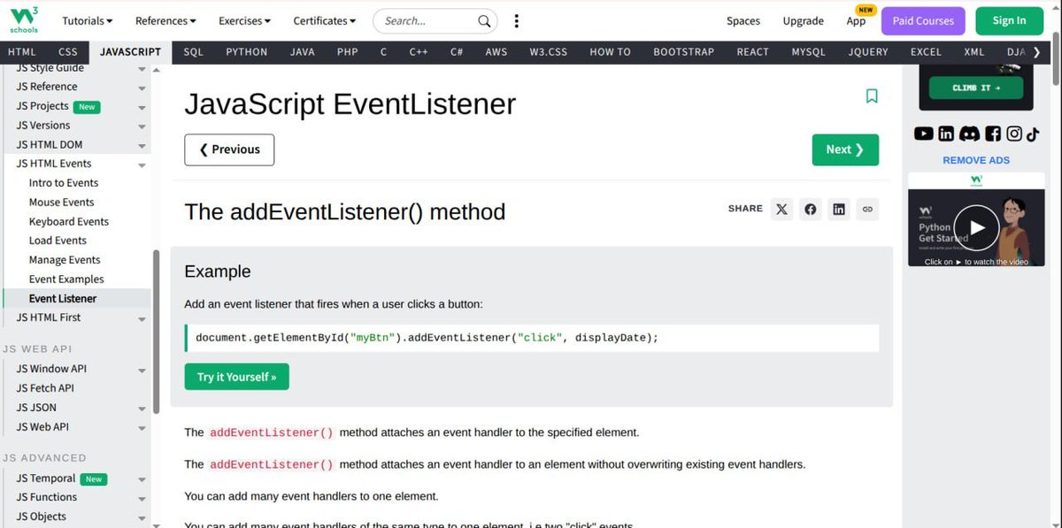 dev_edwin_'s tweet photo. Day 22/100

Today I continued with JavaScript, learned about DOM Events and Event Listeners.

I learned how JavaScript can respond to user actions such as clicking and how addEventListener() makes websites interactive. https://t.co/V9btfKCnu7