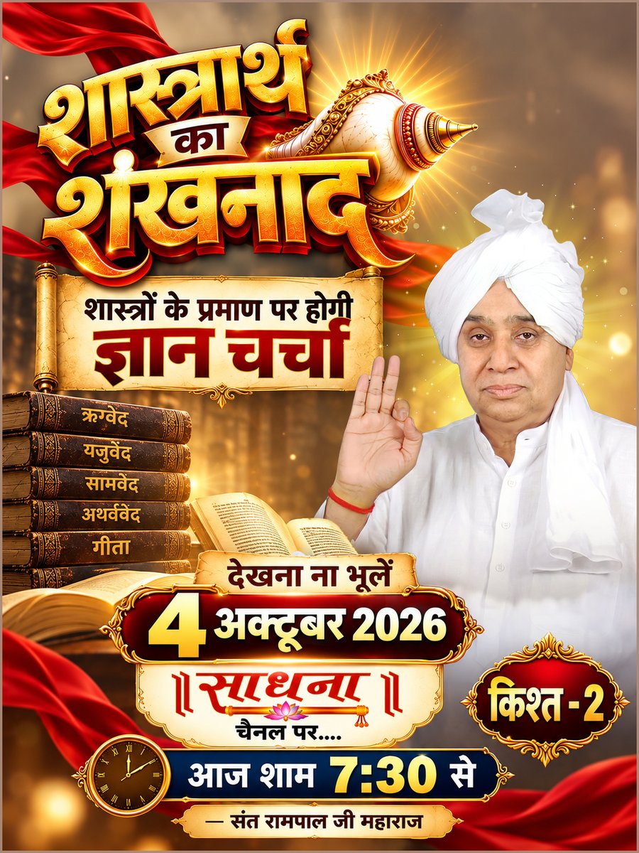SatlokAshram's tweet photo. 4 अक्टूबर की ऐतिहासिक डिबेट  ज़रूर देखें!
खास वीडियो "शास्त्रार्थ का शंखनाद" Sant Rampal Ji Maharaj YouTube Channel पर। https://t.co/tBVkz41qt4