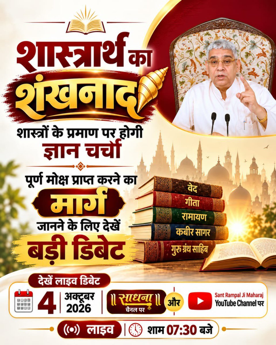 Vandnadassi's tweet photo. #शास्त्रार्थ_का_शंखनाद_क़िस्त2
ज्ञान चर्चा कब और किस समय दिखाई जाएगी? शनिवार और रविवार, 4 अक्टूबर 2026 को साधना चैनल पर लाइव शाम 7:30 बजे से 9:30 बजे तक।
और Sant Rampal Ji Maharaj YouTube Channel पर।
Live on Sant Rampal Ji Yt https://t.co/dM9GJyXwk7