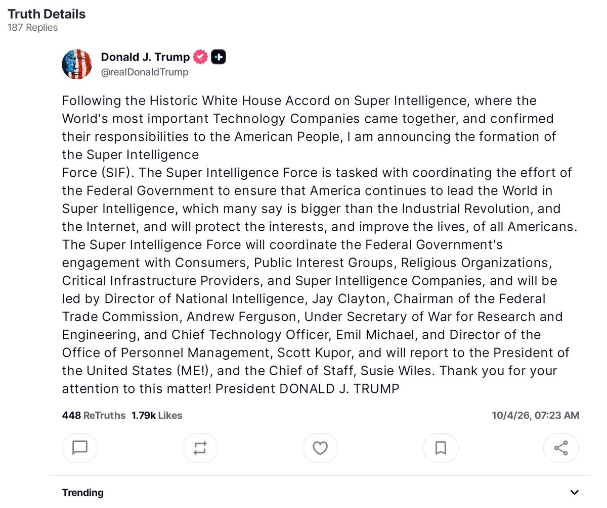 RandyGoat's tweet photo. Trump is forming the Super Intelligence Force.
I will let you do what you will with this oxymoron. https://t.co/6KOogbLWTE