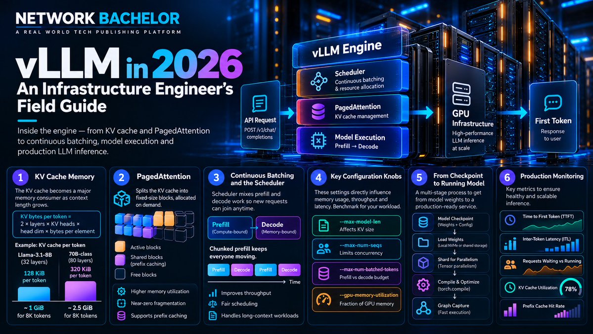 networkbachelor's tweet photo. What happens between an API request and the first LLM token?

Inside vLLM: KV cache, PagedAttention, continuous batching, GPU memory &amp; production monitoring.

A practical guide for AI infrastructure engineers.

#vLLM #LLMInference #AIInfrastructure #GPUComputing #LLMOps #GISEC https://t.co/OqHU0kH1OP