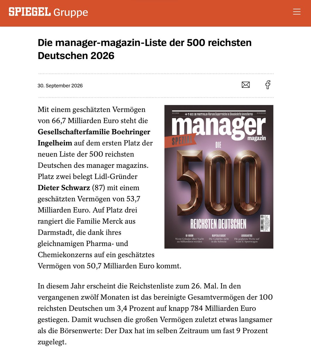 NurderK's tweet photo. 257 Milliardäre und Milliardärsfamilien. Neuer Rekord in Deutschland. Die 100 Reichsten besitzen zusammen inzwischen 784 Milliarden Euro. Die ärmere Hälfte aller deutschen Haushalte kommt zusammen gerade einmal auf rund 432 Milliarden Euro. Gleichzeitig wird über Sozialkürzungen, längere Arbeitszeiten & weitere Einsparungen diskutiert. Für Schulen, Pflege, bezahlbaren Wohnraum und soziale Sicherheit fehlt angeblich überall das Geld. Wir haben kein Geldproblem. Wir haben ein massives Verteilungsproblem.

Milliardäre sollten nicht existieren.