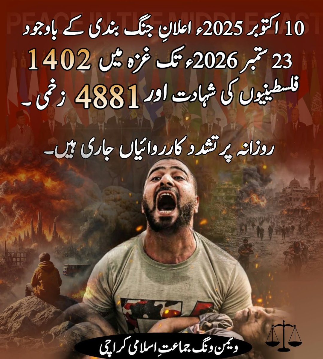 SadafFarhan03's tweet photo. 10 اکتوبر 2025ء اعلانِ جنگ بندی کے باوجود 23 ستمبر 2026ء تک غزہ میں 1402 فلسطینیوں کی شہادت اور 4881 زخمی۔ 

روزانہ پرتشدد کار��وائیاں جاری ہیں۔
#KarachiStandsWithGaza

Gaza March Karachi
Free Palestine
Hafiz Naeem 
Jamaat e Islami https://t.co/3RG7eCgwjE