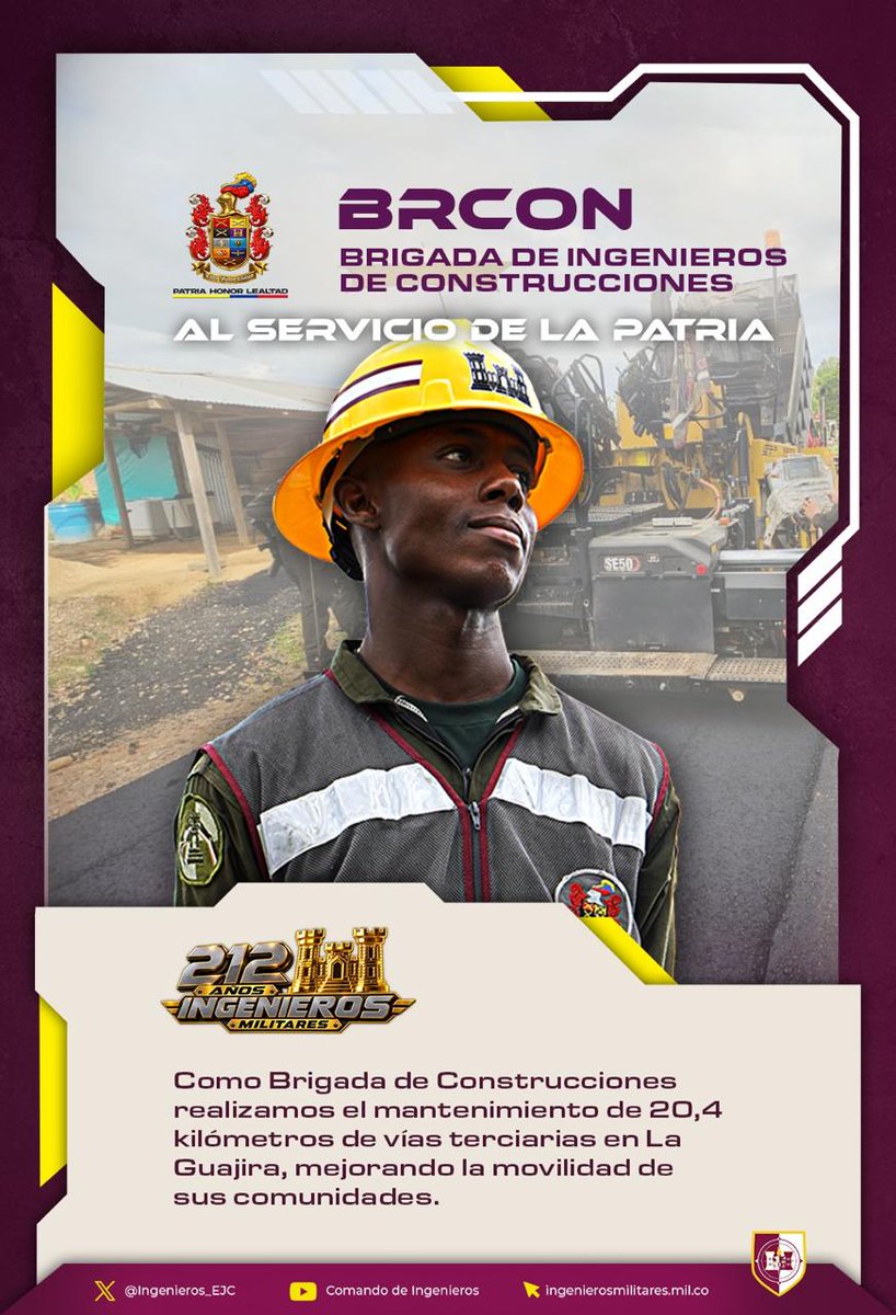 Ingenieros_EJC's tweet photo. BRCON I Este año realizamos el mantenimiento de más de 20 kilómetros de vías terciarias en #LaGuajira, detrás de esta cifra, hay un compromiso con las comunidades indígenas y con quienes habitan territorios donde las condiciones de acceso representan un desafío diario.

A través de este trabajo, nuestros #IngenierosMilitares contribuyen a mejorar las condiciones de movilidad de comunidades vulnerables, facilitando el acceso a servicios esenciales y fortaleciendo las posibilidades de encuentro, desarrollo y bienestar en estos territorios.

#212AñosAlServicioDeLaPatria