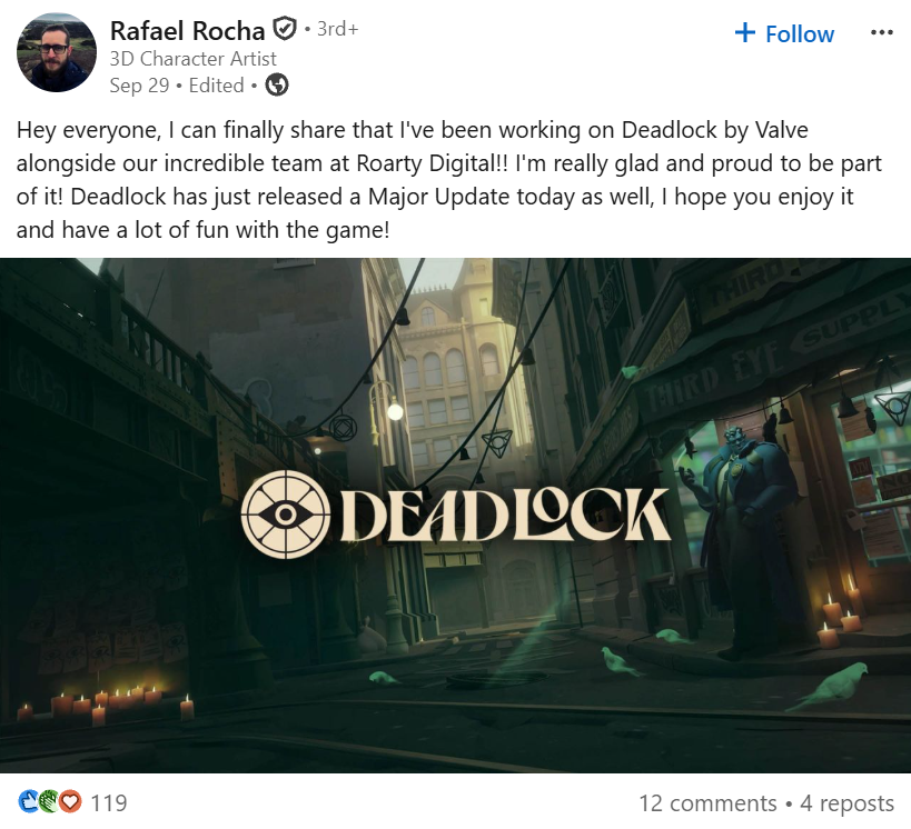 gabefollower's tweet photo. Rafael Rocha, a 3D character artist, announced that he and his team at Roarty Digital are now working on Deadlock. They helped to ship the latest major update to City Never Sleeps. Previously, Roarty Digital worked on characters for Apex Legends, Marvel's Avengers, and some Fortnite collaborations. #deadlock