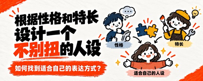 The image is a Chinese-language illustrated banner featuring cartoon characters and puzzle pieces, with prominent text reading "根据性格和特长设计一个不别扭的人设" (Design an authentic persona based on your personality and strengths) and a subtitle asking "如何找到适合自己的表达方式？" (How to find an expression style that suits you?). Smaller labels identify "性格" (personality), "特长" (strengths), and "适合自己的表达方式" (expressions suitable for yourself), visually reinforcing the post's advice about building an authentic personal brand rather than "performing" a persona that doesn't match one's true character.