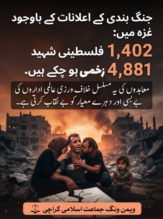 SadafFarhan03's tweet photo. جنگ بندی کے اعلانات کے باوجود غزہ میں 1,402 فلسطینی شہید اور 4,881 زخمی ہو چکے ہیں۔ معاہدوں کی یہ مسلسل خلاف ورزی عالمی اداروں کی بے بسی اور دہہرے معیار کو بے نقاب کرتی ہے۔
#KarachiStandsWithGaza

Gaza March Karachi
Free Palestine
Hafiz Naeem 
Jamaat e Islami https://t.co/5ATDQscBTI