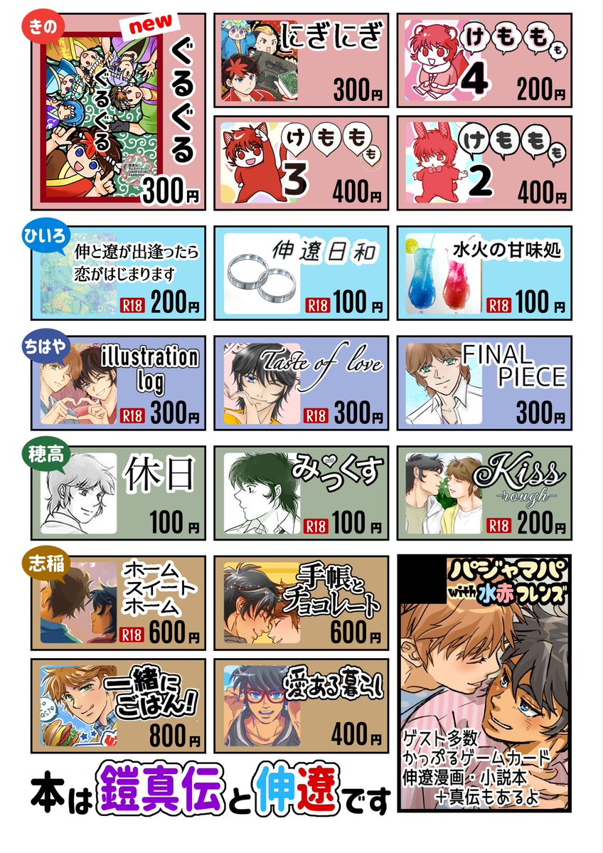 Shiina_Pa's tweet photo. 【10/11武装演舞7】
お品書きです。4人＋委託1人分なので
たくさんあります🩵❤️

伸遼メイン、鎧伝、鎧真伝の本とグッズです。 https://t.co/mlu3lBbwMc