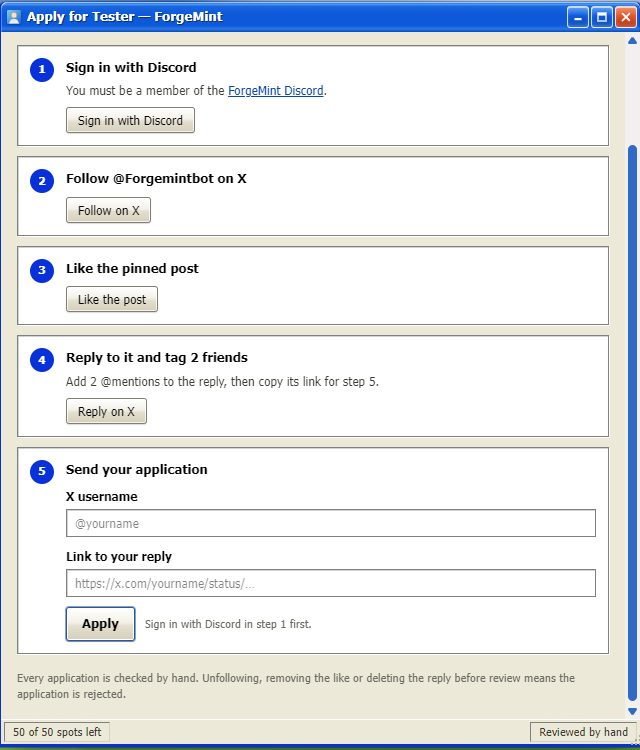 Forgemintbot's tweet photo. ForgeMint Tester access is open. 50 spots.

1. Follow @Forgemintbot
2. Like this post
3. Reply and tag 2 friends
4. Apply: https://t.co/ymUbdec3LU

Every application is checked by hand. Approved testers get the Windows download. https://t.co/zMs0mxz8lU
