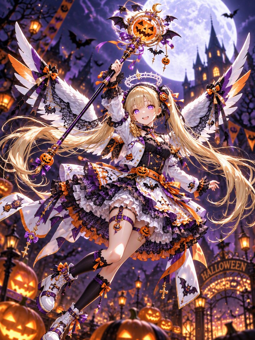 dizneo123's tweet photo. お昼は沈んだ気持ちをハロウィンで盛り上げましょう🎃♪
#みんなでアイドル_ハロウィンライブ2026　

今回はねずみ男さんの天使コス・ハロウィン版をお借りしました（引用元にプロンプト🎃）
ねずみ男さん直伝の画像編集テクでウチの子に着て貰いましたよ💕

いつも素敵な衣装ありがとう��ざいます🙇🎃 https://t.co/YzMfgc7ZNq