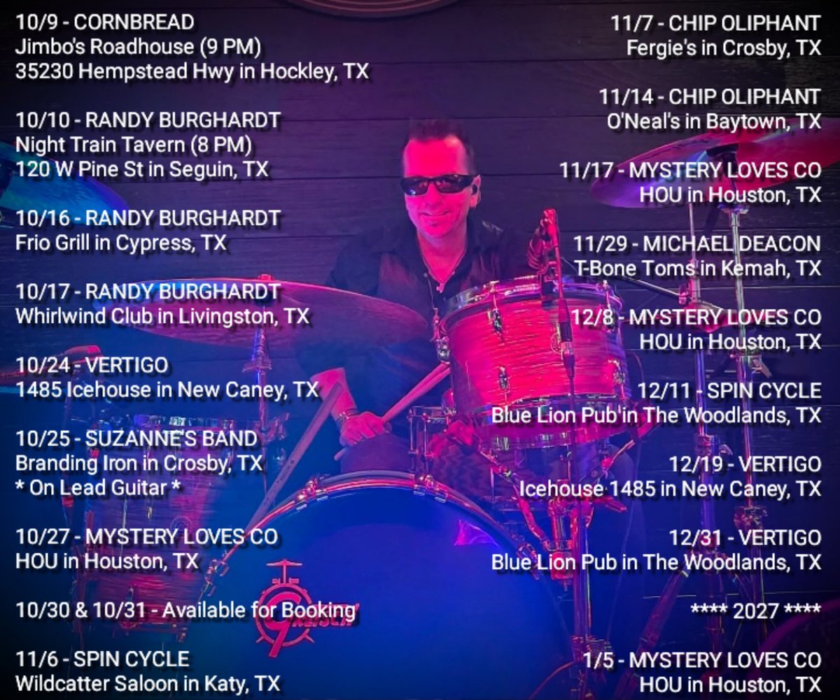 DPattersonMusic's tweet photo. Upcoming Dates ...
#drummer #guitarist #multiinstrumentalist #giglife #texasmusician #texasdrummer #drummerforhire @SalyersPerc @tnrproducts @CYMPAD_USA @AudixMics @remopercussion @ZildjianCompany @gretsch #dannypattersonmusic https://t.co/PteddaFazz