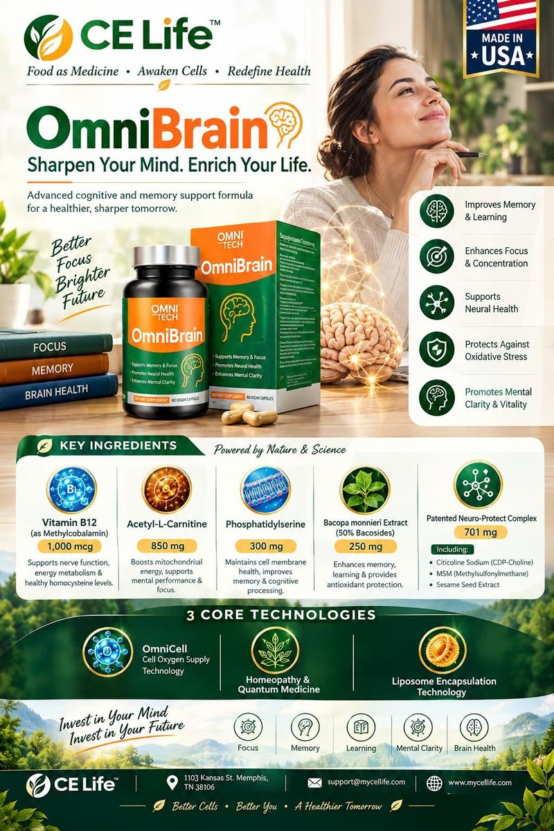 celifetech's tweet photo. 🧠 OmniBrain™ by CE Life

A cognitive wellness formula presented around memory, focus, learning &amp; mental clarity, featuring Vitamin B12, Acetyl-L-Carnitine, Phosphatidylserine &amp; Bacopa monnieri.

🌐 https://t.co/H5f7MSGnK2

#OmniBrain #CELife #BrainHealth https://t.co/ux06KcFlzx