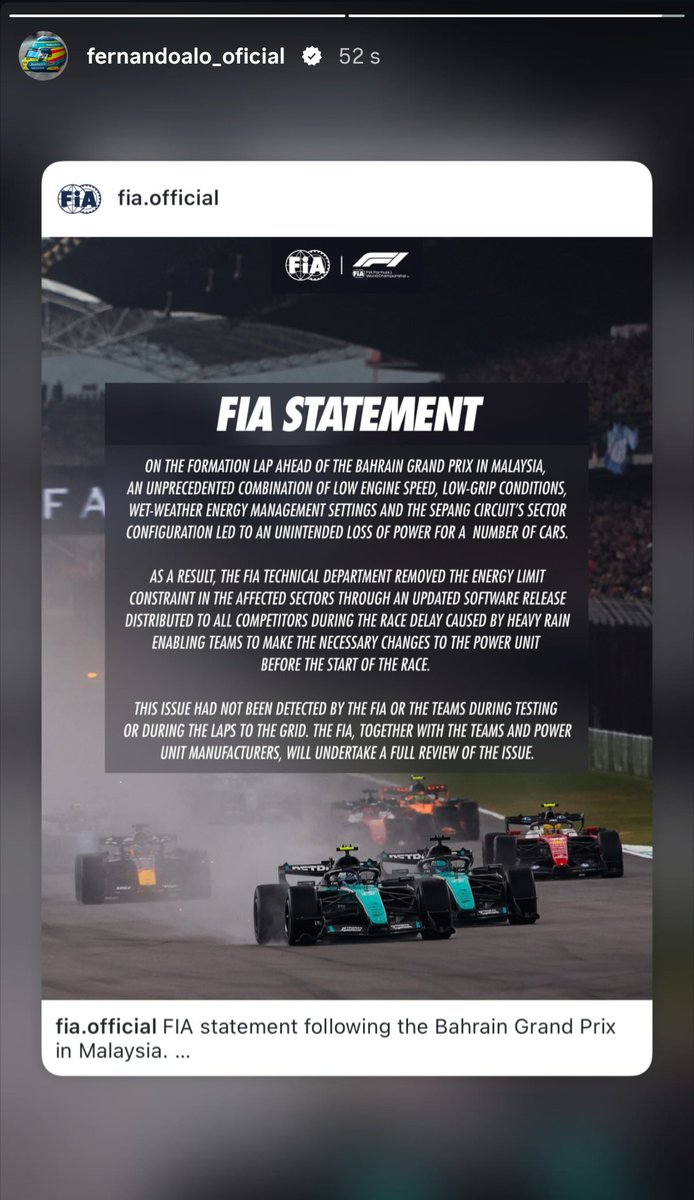 Nachez98's tweet photo. 👀 Fernando Alonso sube a Instagram el comunicado de la FIA diciendo que el problema en la vuelta de formación se debió a un BUG en el SOFTWARE

😁 Y POSTERIORMENTE SUBE ESTA OTRA HISTORIA https://t.co/3rZ9z5Dw1a