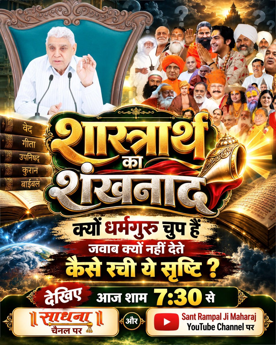 Ritupatel0211's tweet photo. #शास्त्रार्थ_का_शंखनाद_क़िस्त2
🔥 आज शाम 7:30 बजे 🔥
शास्त्रार्थ का शंखनाद!
क्या धर्मगुरु बताएंगे कि सृष्टि की रचना कैसे हुई?
क्या धार्मिक ग्रंथों के प्रमाणों पर मिलेंगे सवालों के जवाब?
📺 देखिए आज शाम 7:30 बजे
साधना टीवी पर।
Live on Sant Rampal Ji Yt https://t.co/1eRW6KPLSu