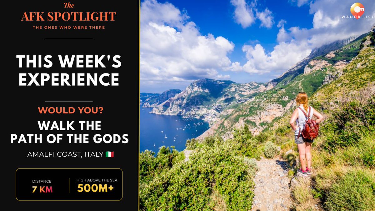 WandrLust_io's tweet photo. 🥾 AFK SPOTLIGHT: THIS WEEK’S EXPERIENCE

The Path of the Gods, Amalfi Coast, Italy 🇮🇹

Its Italian name is Sentiero degli Dei, and it earns it.

The trail winds along the mountains above the Amalfi Coast, passing terraced hillsides, limestone cliffs and tiny settlements with the Mediterranean stretching out below.

The classic route from Bomerano towards Nocelle is around 7 km and can be walked in a few hours. But this isn't really about ticking off kilometres.

It's about getting a view you'd never experience the same way through a windscreen, because the only way to reach much of it is on foot.

Seven kilometres. Would you walk it for this view? 👇