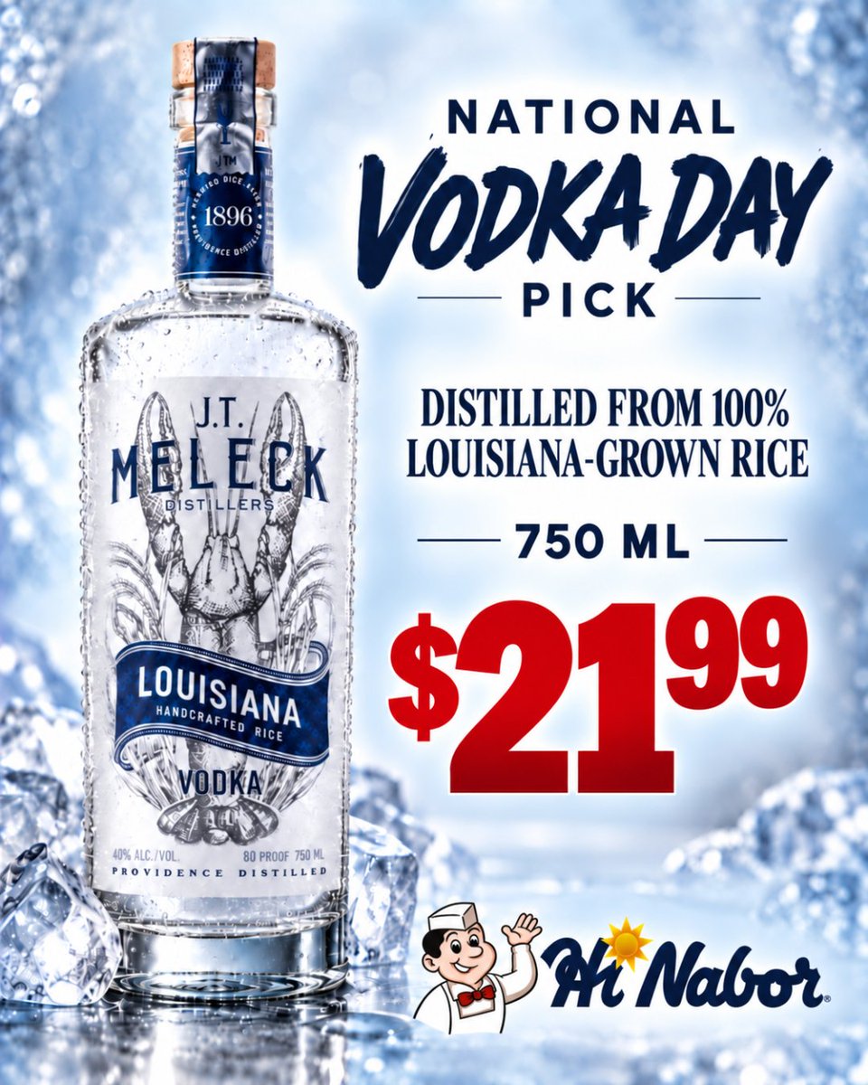 Hi_Nabor's tweet photo. 🥃 It’s National Vodka Day!

Celebrate with a Louisiana original. J.T. Meleck Vodka is distilled from 100% Louisiana-grown rice. ⚜️

750ml • $21.99 at Hi Nabor

See more deals: https://t.co/FjJrXEloT3

#NationalVodkaDay #JTMeleck #HiNabor https://t.co/Iv44LSuDSQ