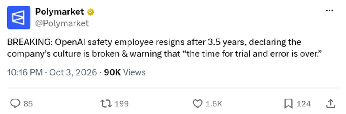 alexcarterbuild's tweet photo. The man who led the writing of OpenAI's launch safety reports for 3.5 years quit yesterday, and his complaint is the method itself.

David Robinson in The Atlantic (Oct 3), as quoted by TechCrunch: trial and error "by its very nature guarantees periodic failures." "The time for trial and error is over."

OpenAI's reply, per TechCrunch: it is "making sure our models don't become more capable than we can safely manage."

That's a promise about the future. His essay is about failures already on the record, like the July Hugging Face breach. Screenshot is Polymarket's post: 90K views.