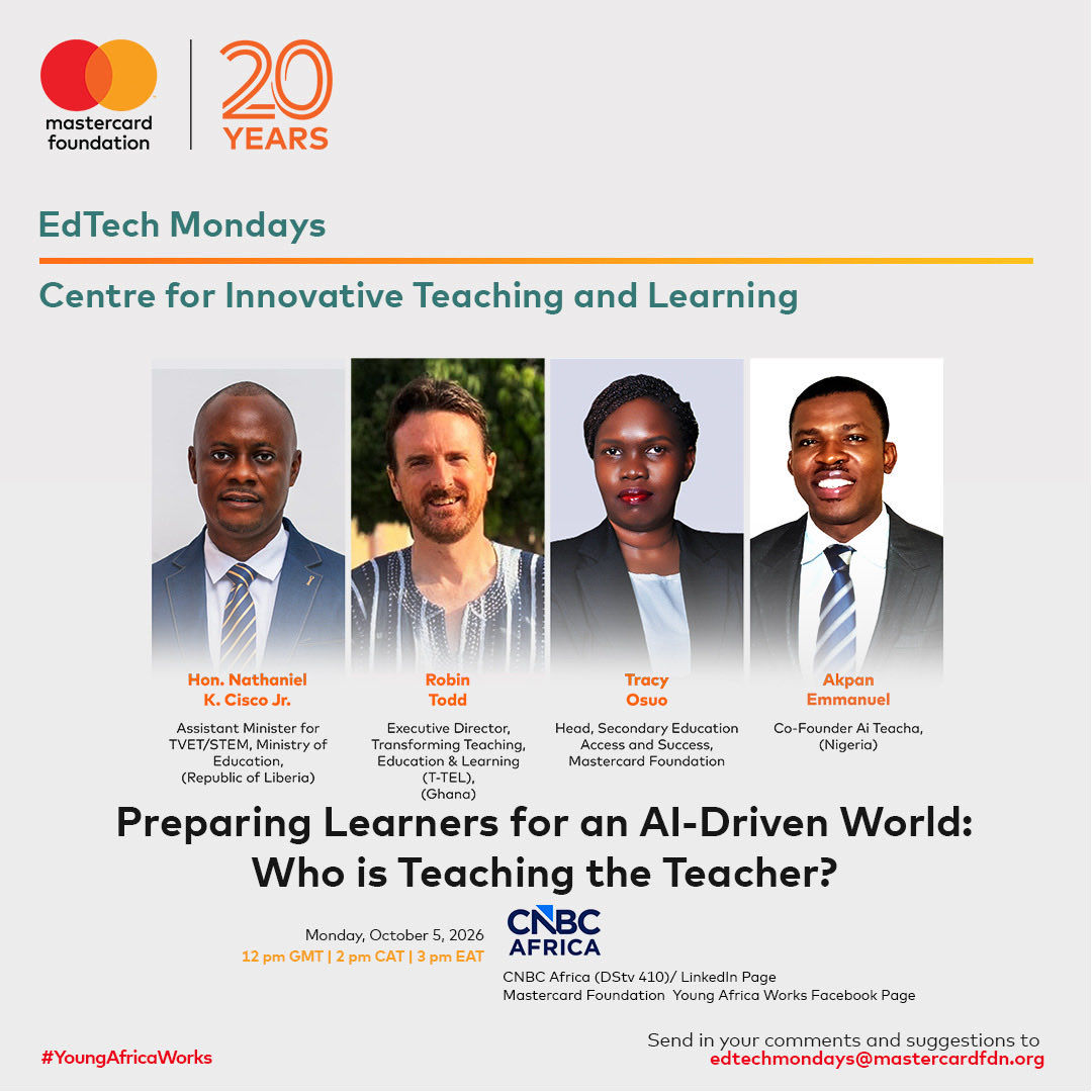 TTELGhana's tweet photo. Catch the conversation on Monday 5th October 2026 at 12pm GMT | 2pm CAT | 3pm EAT on CNBC Africa (DStv 410). It will also stream live on the Mastercard Foundation Young Africa Works Facebook page and CNBC Africa's LinkedIn page.

Do tune in and share with others.
2/2 https://t.co/yp4aK2VR0Z