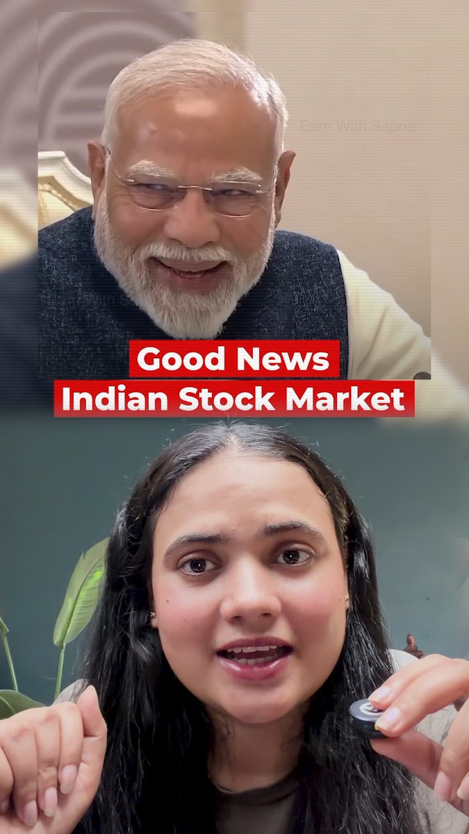 The image is a thumbnail for a video about Indian stock market news, featuring a woman holding a device with the text "Good News Indian Stock Market" overlaid alongside an image of Narendra Modi and a watermark reading "Earn With Sapna," relating to the post about RBI plans affecting the stock market.