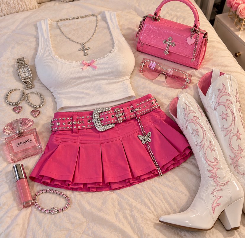 PinkPrivilege5's tweet photo. Pink-and-white flat lay: a white crop top, bright pink pleated mini skirt with a rhinestone belt, and white cowboy boots with pink embroidery, styled with matching jewelry, a pink bag, and Versace perfume. https://t.co/zSDeH6HpUQ