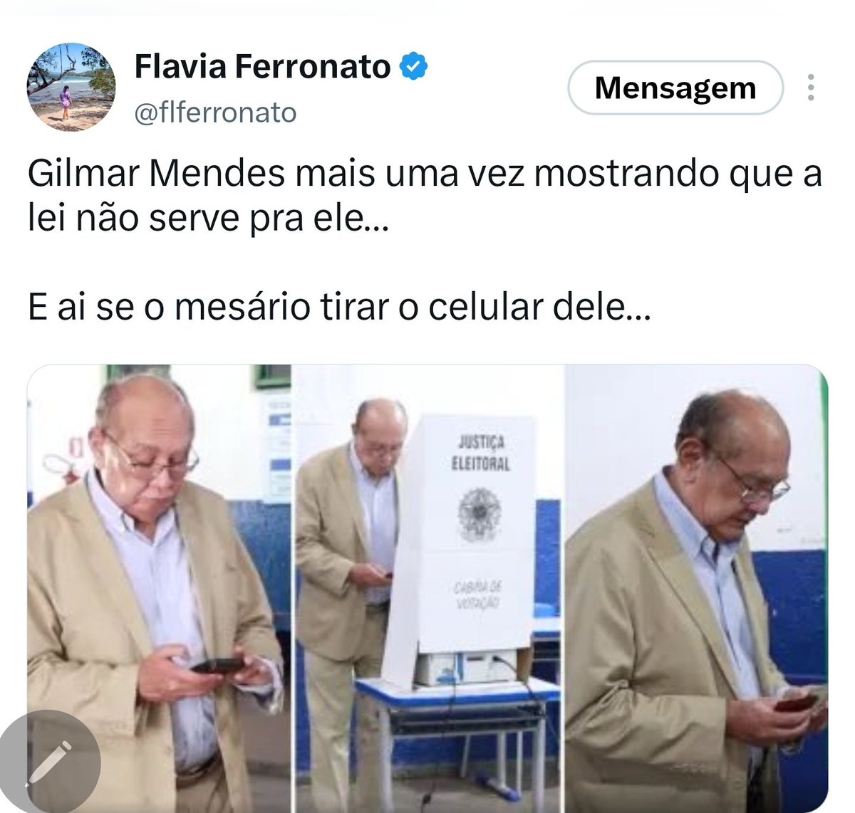 adrianobombeiro's tweet photo. Gilmar um transgressor das leis contumaz !

Não consegue seguir leis 

Se acha semi Deus 

Gilmar Mendes é filmado com celular dentro da cabine de votação em Diamantina (MT). Regras do TSE proíbem levar aparelhos para a cabine, mesmo desligados. https://t.co/SI0B8xKFlm