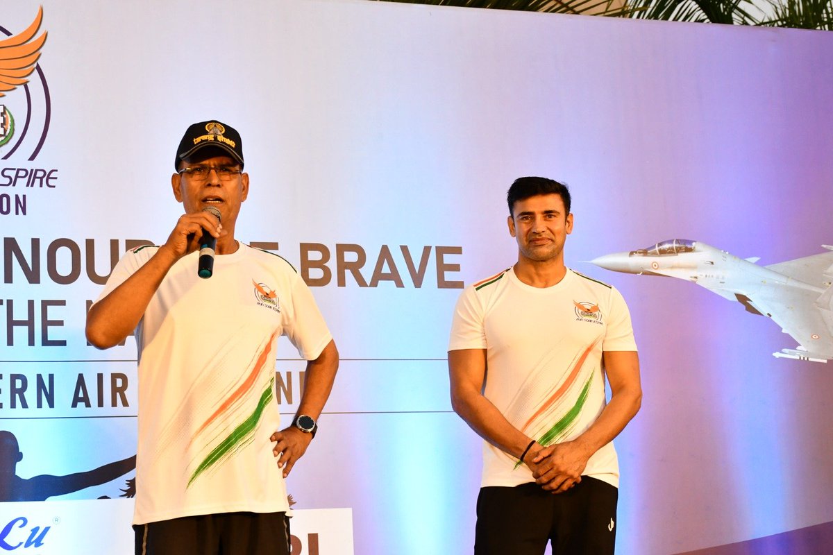 DefencePROTvm's tweet photo. The #SekhonIndianAirForceMarathon (SIM) 2026, a flagship fitness and outreach initiative of the #IndianAirForce was onducted at Thiruvananthapuram, by #SouthernAirCommannd .
The event commemorated the supreme sacrifice and exemplary valour of Flying Officer Nirmal Jit Singh Sekhon, PVC, the only recipient of the Param Vir Chakra from the Indian Air Force. 
The event was graced by Air Marshal Jasvir Singh Mann, AVSM, VM,  Air Officer Commanding-in-Chief, Southern Air Command. Renowned sportsperson Mr.Sangram Singh, an internationally acclaimed Wrestler, actor, Mixed Martial Art (MMA) fighter, motivational speaker and former World Wrestling Professionals (WWP) Commonwealth heavyweight  champion flagged off the 10 KM Run.  Mrs.Padmini Thomas, Arjuna Awardee, Asian Games medalist and Former President of the Kerala Sports Council and Mrs.K.C Lekha, Dhyan Chand Awardee, World Boxing champion also participated.

#MoD #Airforce #Navy
#Indianarmy
#Sainikschool
#NCC
