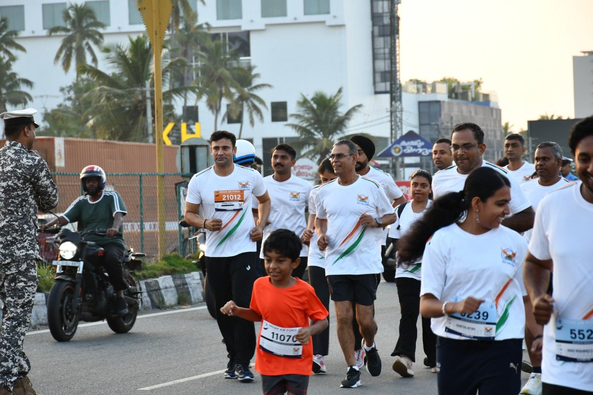 DefencePROTvm's tweet photo. The #SekhonIndianAirForceMarathon (SIM) 2026, a flagship fitness and outreach initiative of the #IndianAirForce was onducted at Thiruvananthapuram, by #SouthernAirCommannd .
The event commemorated the supreme sacrifice and exemplary valour of Flying Officer Nirmal Jit Singh Sekhon, PVC, the only recipient of the Param Vir Chakra from the Indian Air Force. 
The event was graced by Air Marshal Jasvir Singh Mann, AVSM, VM,  Air Officer Commanding-in-Chief, Southern Air Command. Renowned sportsperson Mr.Sangram Singh, an internationally acclaimed Wrestler, actor, Mixed Martial Art (MMA) fighter, motivational speaker and former World Wrestling Professionals (WWP) Commonwealth heavyweight  champion flagged off the 10 KM Run.  Mrs.Padmini Thomas, Arjuna Awardee, Asian Games medalist and Former President of the Kerala Sports Council and Mrs.K.C Lekha, Dhyan Chand Awardee, World Boxing champion also participated.

#MoD #Airforce #Navy
#Indianarmy
#Sainikschool
#NCC