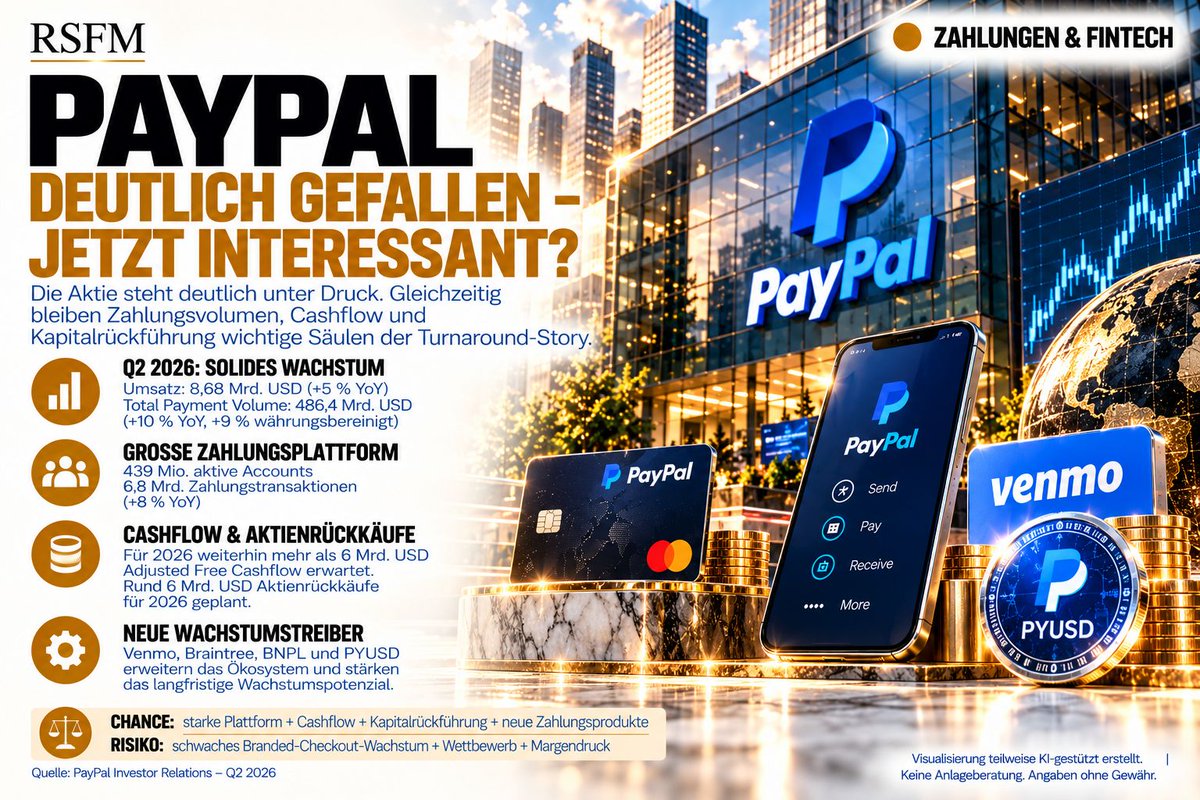 RSFM_Official's tweet photo. ◉ PAYPAL DEUTLICH GEFALLEN – WÄHREND DAS UNTERNEHMEN WEITER MILLIARDEN AN CASHFLOW GENERIERT

Die PayPal-Aktie steht deutlich unter Druck.

Doch operativ sieht die Lage wesentlich interessanter aus, als es der Aktienkurs vermuten lässt.

Die aktuellen Q2-Zahlen:

→ Umsatz: 8,68 Mrd. USD | +5 %
→ Zahlungsvolumen: 486,4 Mrd. USD | +10 %
→ 439 Mio. aktive Accounts
→ 6,8 Mrd. Zahlungstransaktionen | +8 %

Besonders interessant ist für uns jedoch der Cashflow.

PayPal erwartet für 2026 weiterhin mehr als 6 Mrd. USD Adjusted Free Cashflow und plant Aktienrückkäufe von rund 6 Mrd. USD.

Das bedeutet:

Während die Aktie unter Druck steht, kann PayPal einen erheblichen Teil seines eigenen Unternehmenswertes über Rückkäufe an die Aktionäre zurückführen.

Gleichzeitig versucht das Unternehmen, sich über das klassische PayPal-Geschäft hinaus weiterzuentwickeln.

▪ Venmo
▪ Braintree
▪ Buy Now, Pay Later
▪ PYUSD
▪ neue Checkout- und Zahlungsprodukte

Vor allem PYUSD macht PayPal zusätzlich interessant.

Mit einem eigenen regulierten Stablecoin positioniert sich das Unternehmen an der Schnittstelle zwischen traditionellem Zahlungsverkehr und Blockchain-Infrastruktur.

Aber die Risiken dürfen nicht unterschätzt werden:

Das Wachstum im klassischen Branded Checkout bleibt eine zentrale Baustelle, der Wettbewerb ist enorm und Margendruck kann die Turnaround-Story bremsen.

Genau deshalb ist PayPal aktuell für uns spannend:

Keine klassische High-Growth-Story mehr – sondern eine Kombination aus enormer Plattformgröße, Milliarden-Cashflow, Aktienrückkäufen und neuen Wachstumstreibern.

Die entscheidende Frage für die kommenden Quartale:

Kann PayPal sein Kerngeschäft wieder beschleunigen, während Cashflow und neue Produkte weiter skalieren?

Wenn das gelingt, könnte sich die Wahrnehmung der Aktie deutlich verändern.

Quelle: PayPal Investor Relations

#PayPal #Aktien #Fintech