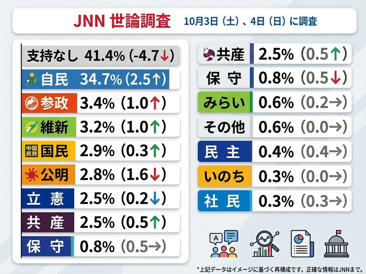 RibbonChieko's tweet photo. ブレブレ映像で、メディアの悪意にも負けず……

JNN世論調査(TBS系)10月3〜4日

高市内閣支持率63.0%(+0.5)
　不支持率33.9%(-1.0)

自民党支持率34.7%(+1.0) https://t.co/sLf8EYCCQS